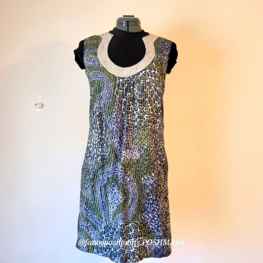 TRINA TURK metallic detail  green blue high quality cotton fully lined dress lux - Picture 3 of 16